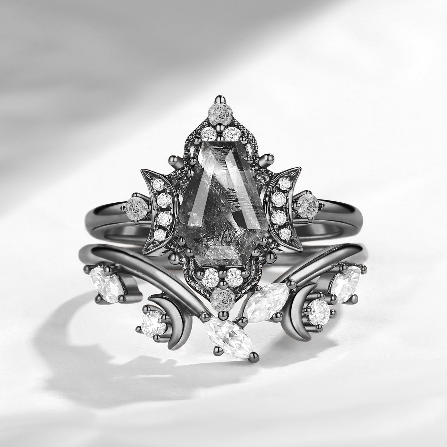 Crescent Moon | Retro Coffin Cut Herkimer Diamond Moon Engagement Ring Bridal Set 2pcs