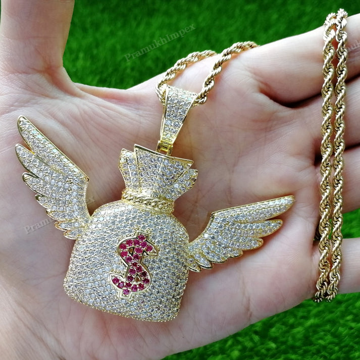 Moissanite Sterling Silver Winged Money Bag Pendant