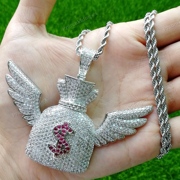 Moissanite Sterling Silver Winged Money Bag Pendant