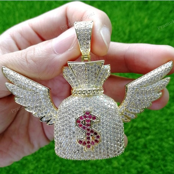 Moissanite Sterling Silver Winged Money Bag Pendant