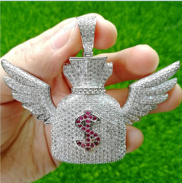 Moissanite Sterling Silver Winged Money Bag Pendant