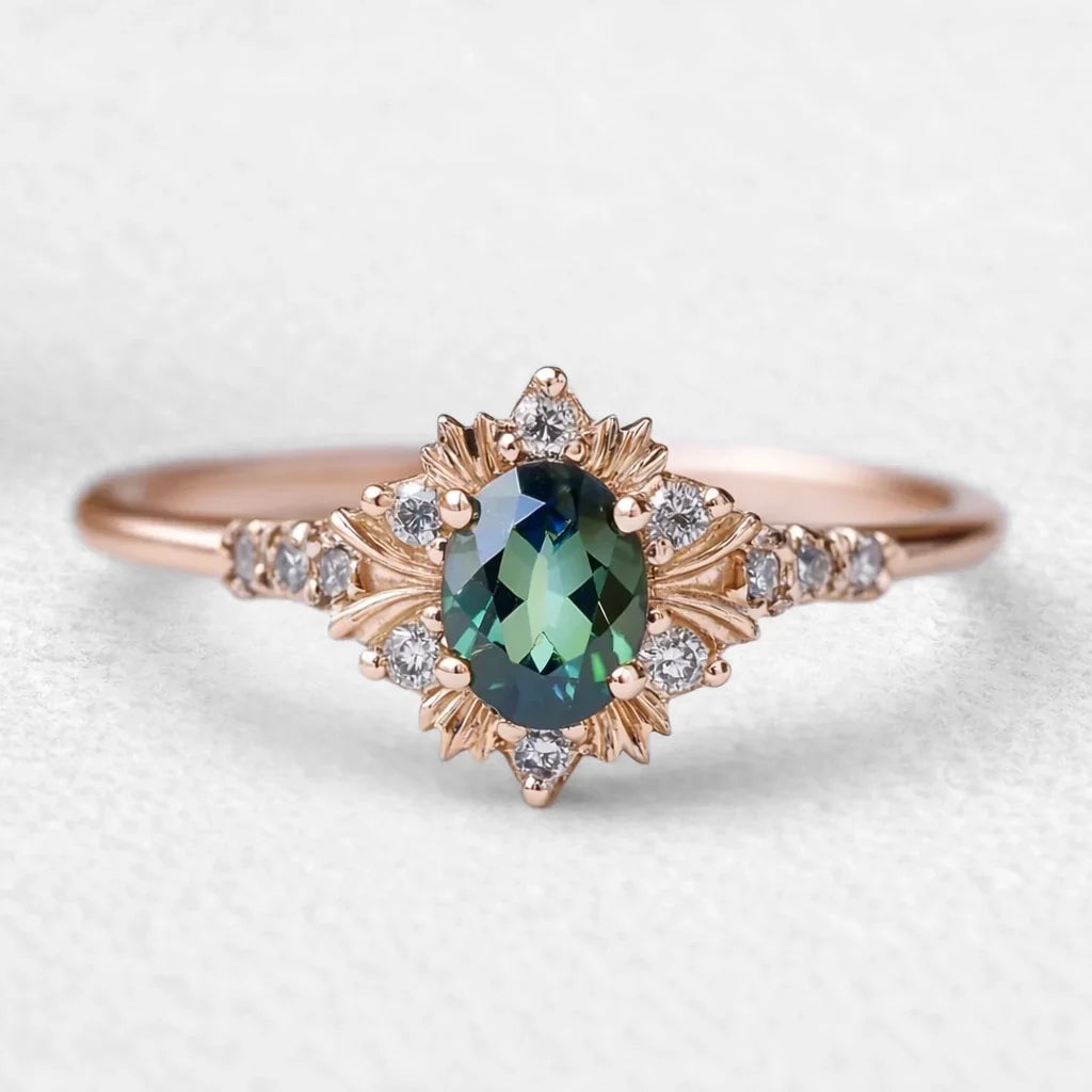 Rosalind‘s Bloom | Oval Cut Green Moissanite Halo Engagement Ring