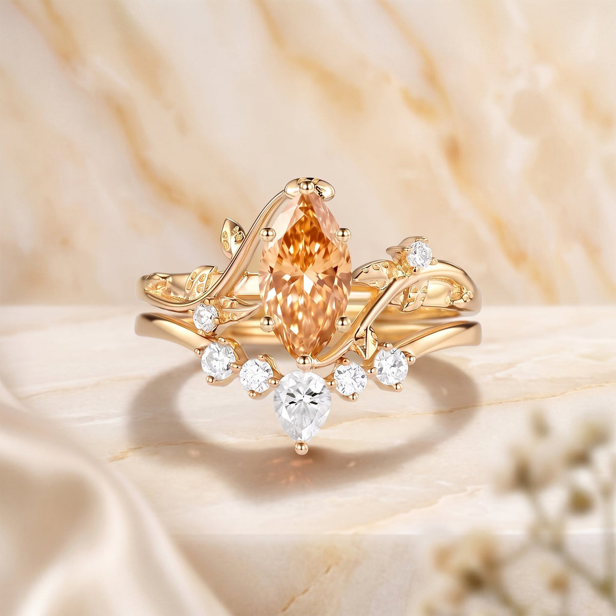 Luminous Reverie - Marquise Champagne Moissanite Leaf Unique Engagement Ring Sets 2pcs - Thalassa