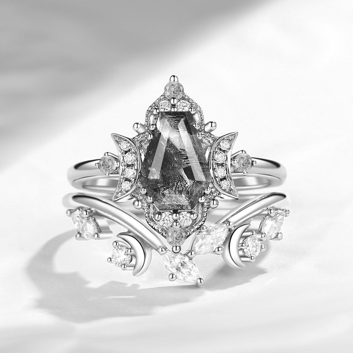 Crescent Moon | Retro Coffin Cut Herkimer Diamond Moon Engagement Ring Bridal Set 2pcs