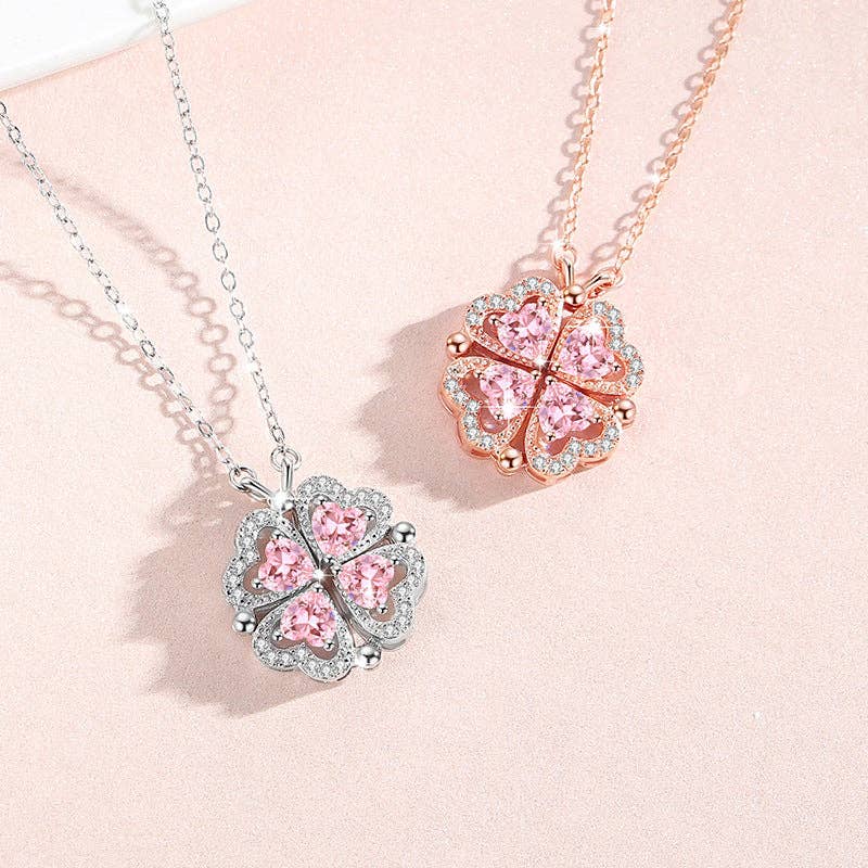 Pink Four Leaf Clover Heart Necklace in 925 Sterling Silver: Rose gold
