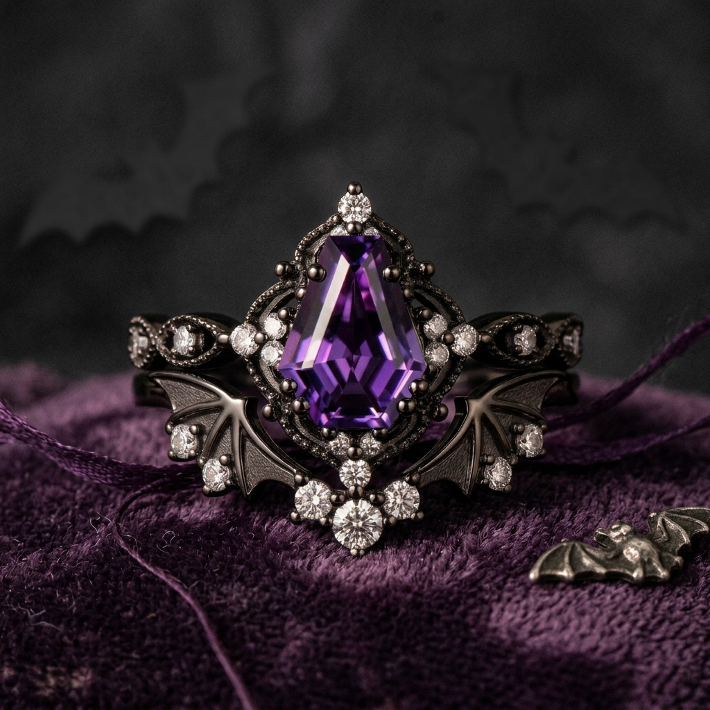 Bat Ring 'Fly to Love' - Gothic Coffin Cut Amethyst Milgrain Engagement Ring Set with Bat Wing Inspired Band