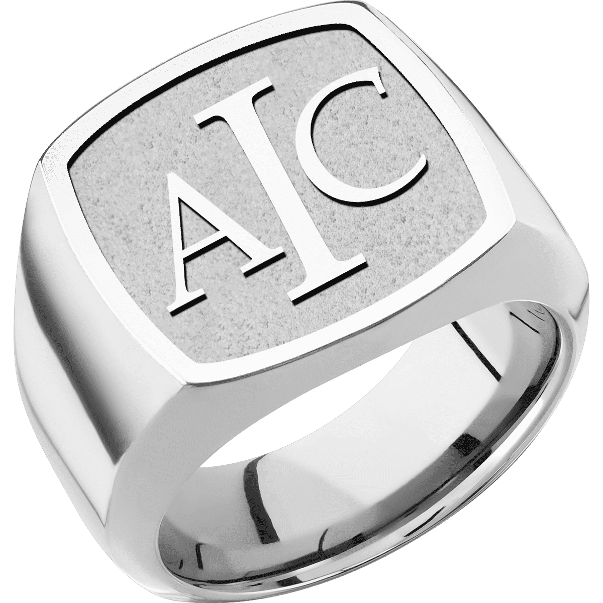 Large Cushion signet ring (18x18mm) in Cobalt Chrome, with a Wide style band and a Book Antiqua 3 Rev engraving.