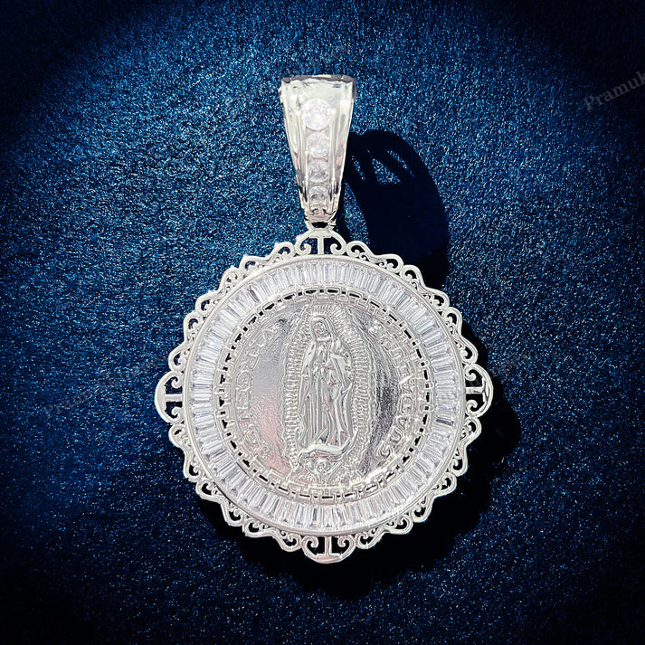 Moissanite Sterling Silver Baguette Jesus Medallion Pendant