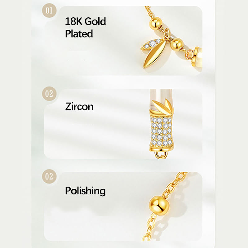 Fortune Jewel 925 Sterling Silver 18K Gold Plated White Jade Bamboo Zircon Leaf Luck Bracelet