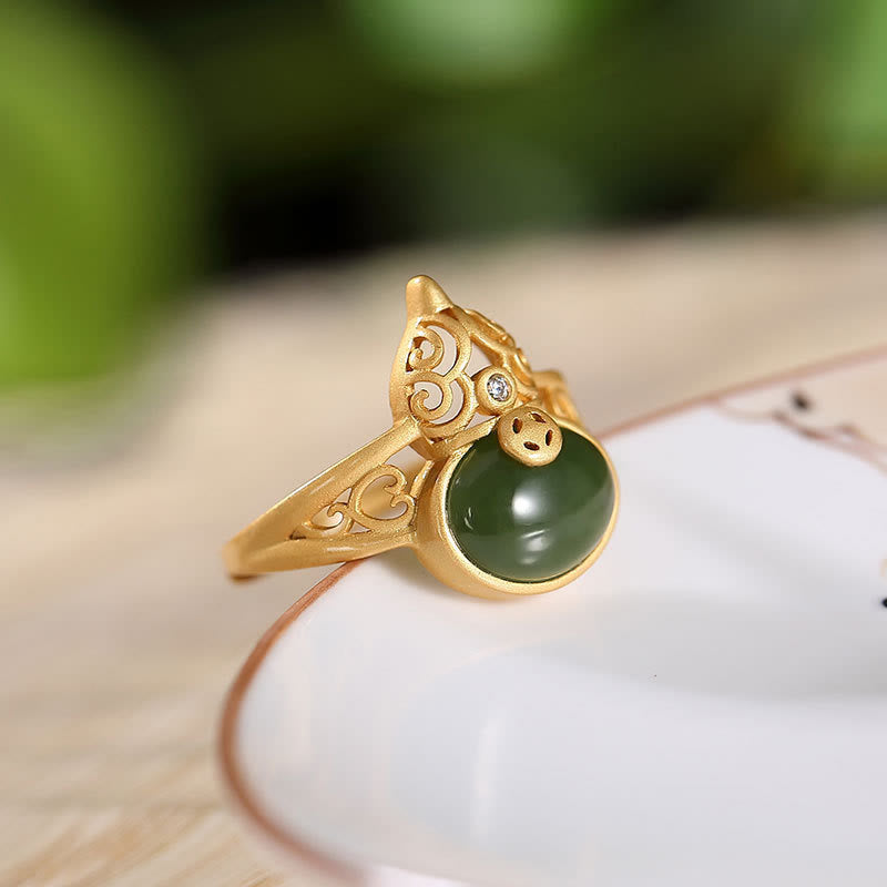 Fortune Jewel Gourd Cyan Jade Copper Coin Success Luck Adjustable Ring
