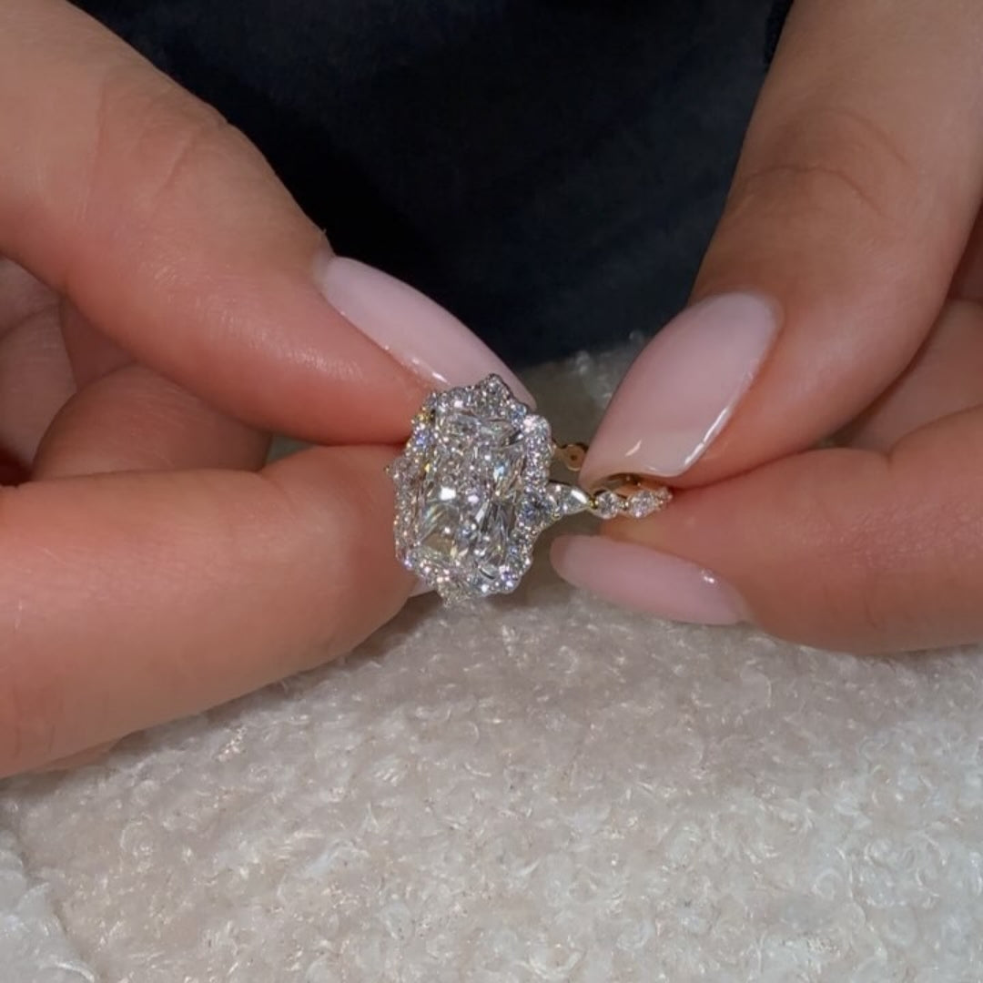 Solarii Radiant Cut 5.0ct Halo Engagement Ring In Sterling Silver