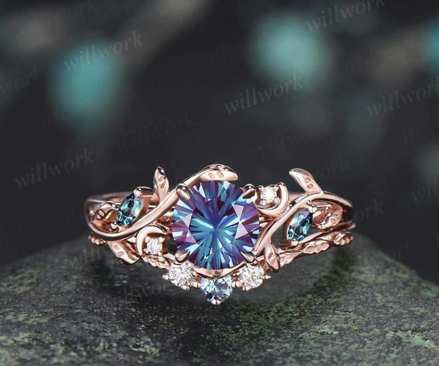1CT Fireworks Cut Alexanrite Ring Set Leaf Vine Art Deco Moon Promise Ring Diamond Alexandrite Wedding Band Vintage Bridal Set
