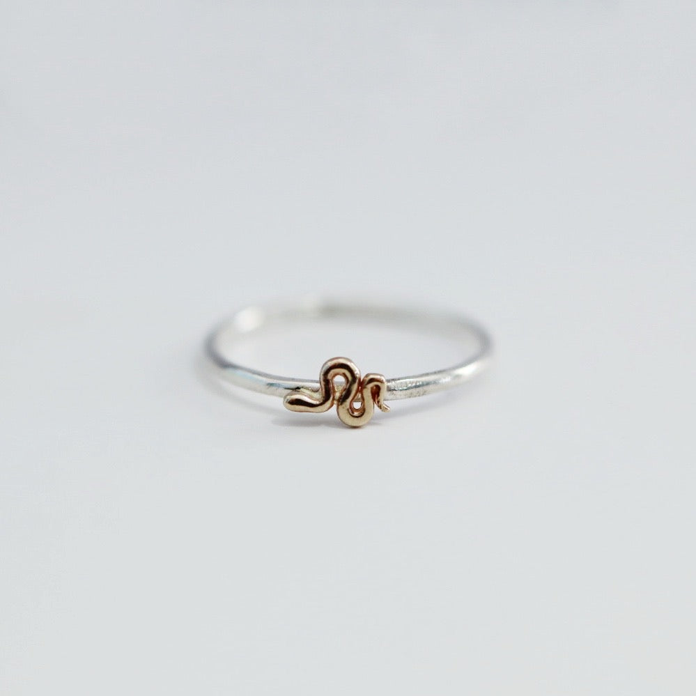 Tiny Snake Stacking Ring in Mixed Metal / Sterling Silver and 14 karat Yellow Gold / READY TO SHIP in 5.75