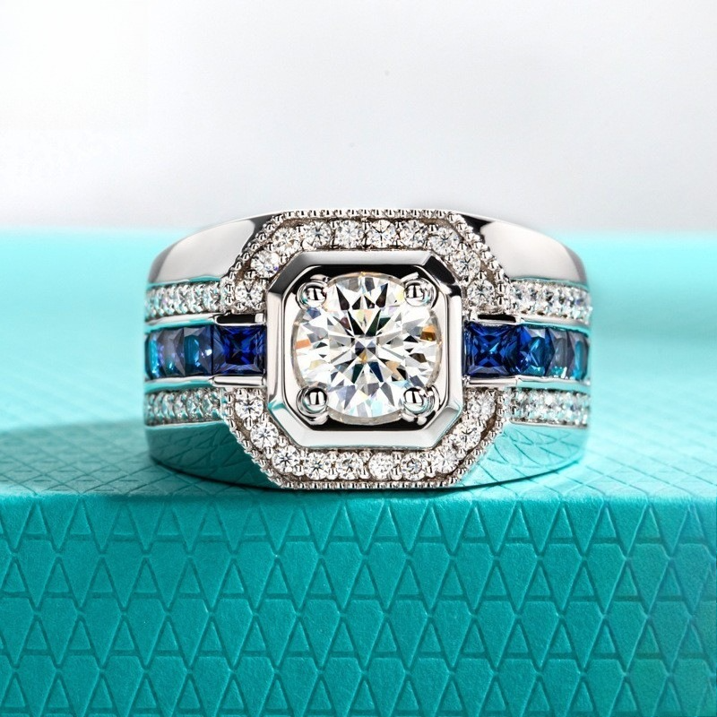 Men's Moissanite Round Cut Sterling Silver Engagement Ring