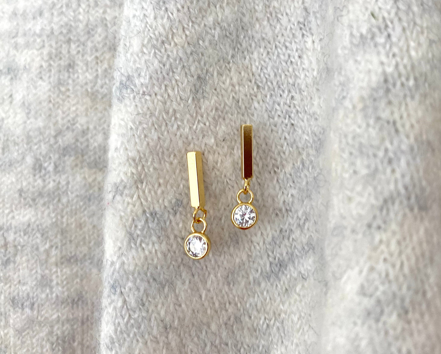 Gold Filled Bar Earrings Crystal CZ Charm Studs Clear Quartz Dangle Charm Earrings Minimalist Line Earrings with Crystal Christmas Gift