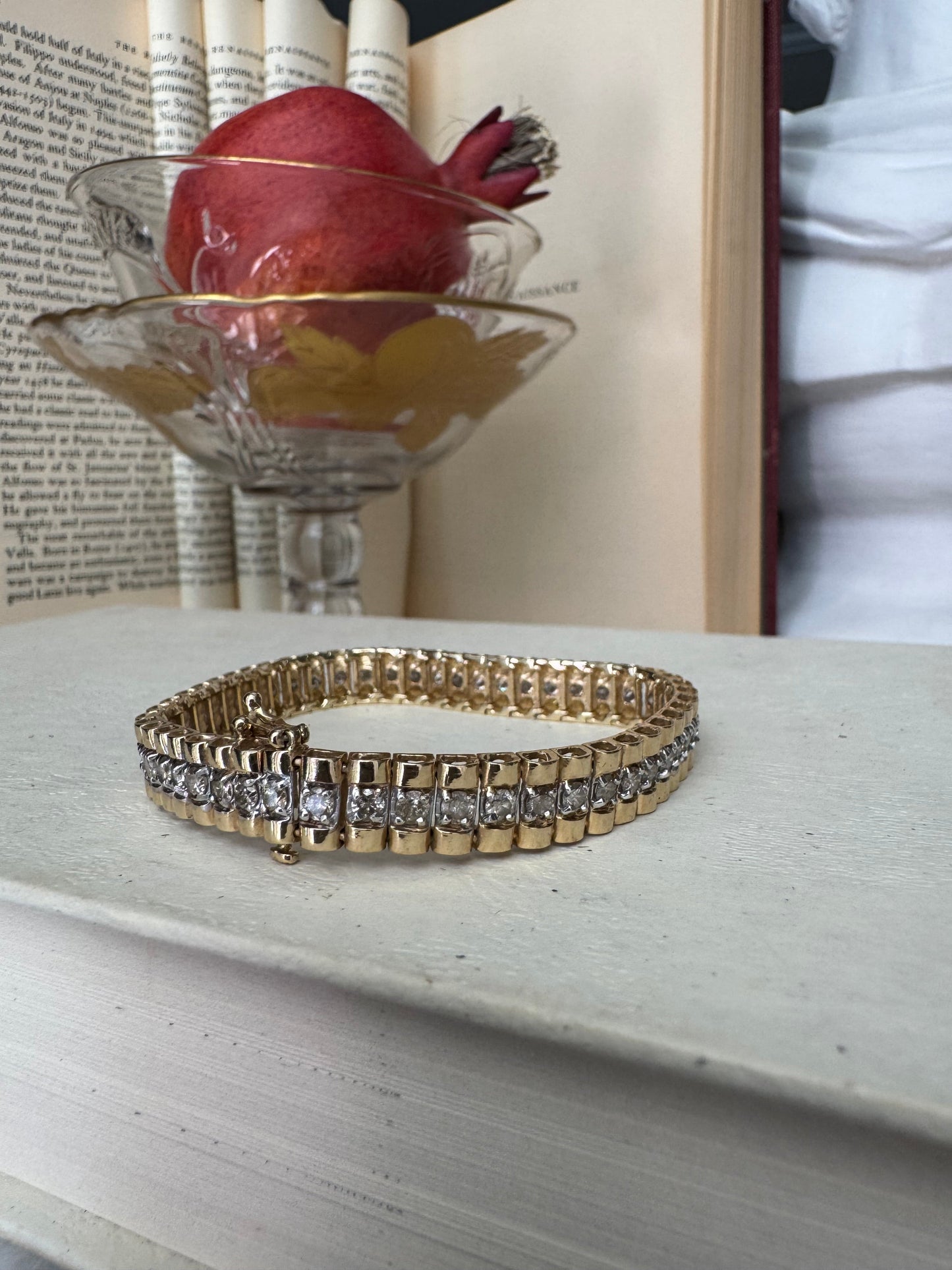 Vintage 10k Yellow Gold & Diamond Fancy Link Tennis Bracelet