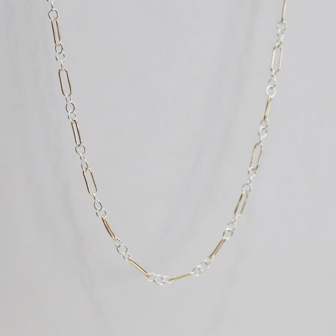 Mixed Metal Layering Chain Long and Short Necklace in Sterling Silver and 14 Karat Gold Fill