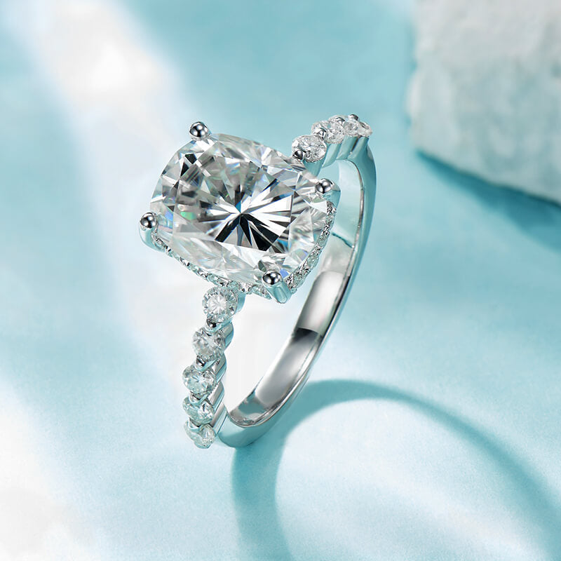 4CT Elongated Cushion Moissanite Hidden Halo Bead Engagement Ring