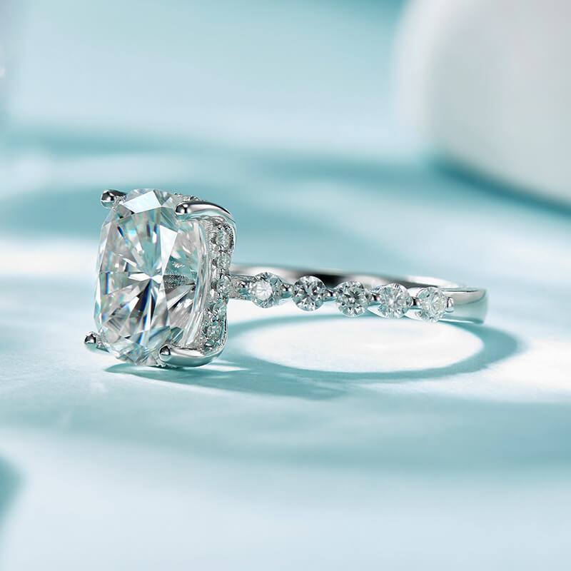 4CT Elongated Cushion Moissanite Hidden Halo Bead Engagement Ring