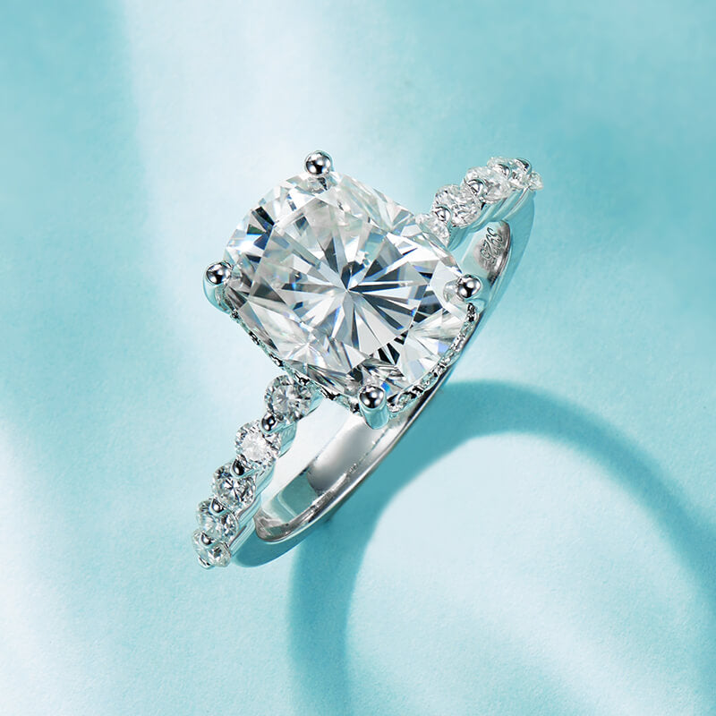 4CT Elongated Cushion Moissanite Hidden Halo Bead Engagement Ring
