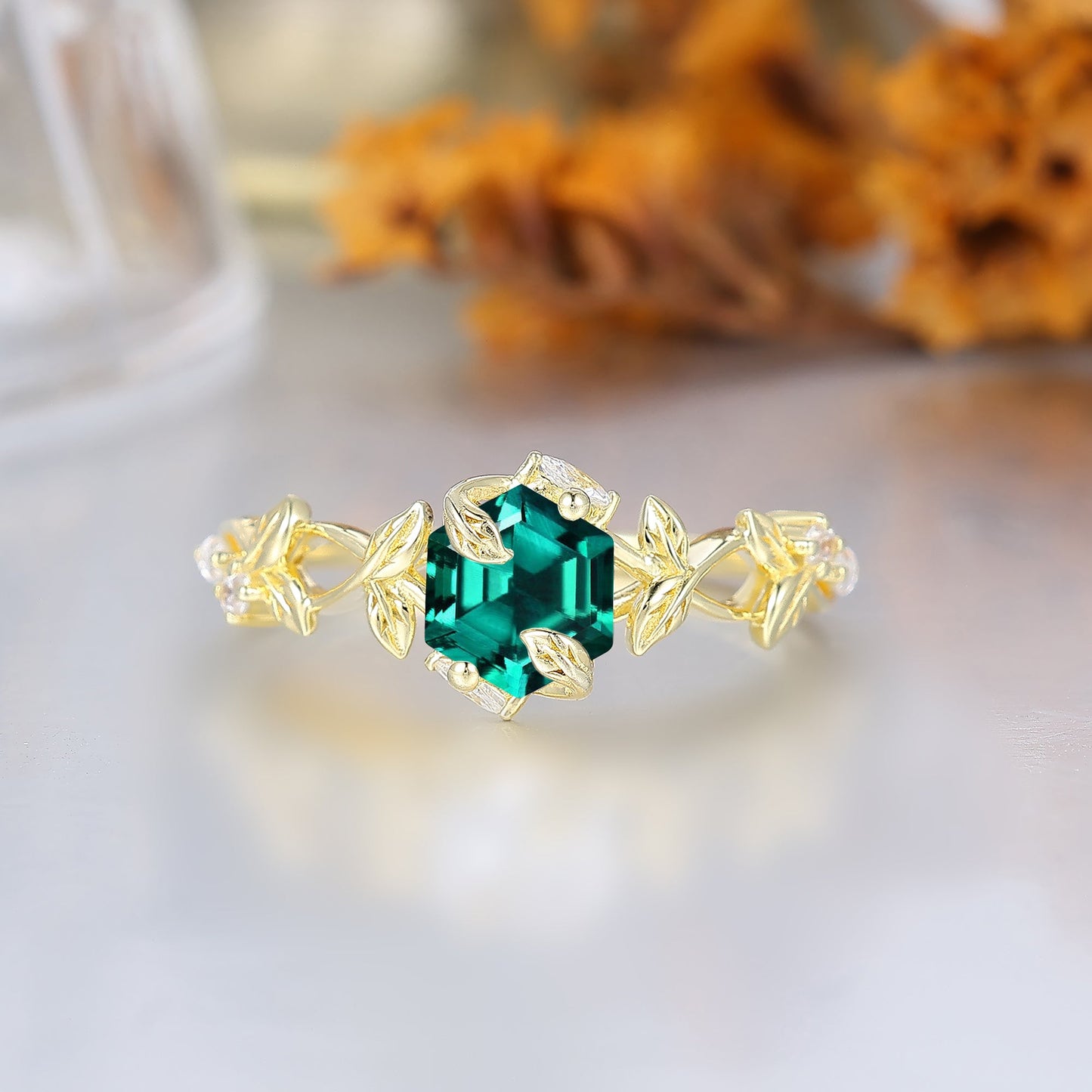 Botanical Ivy Hexagon Cut Emerald Women Engagement Ring Sculpted Leaf Emerald Wedding Ring For Her