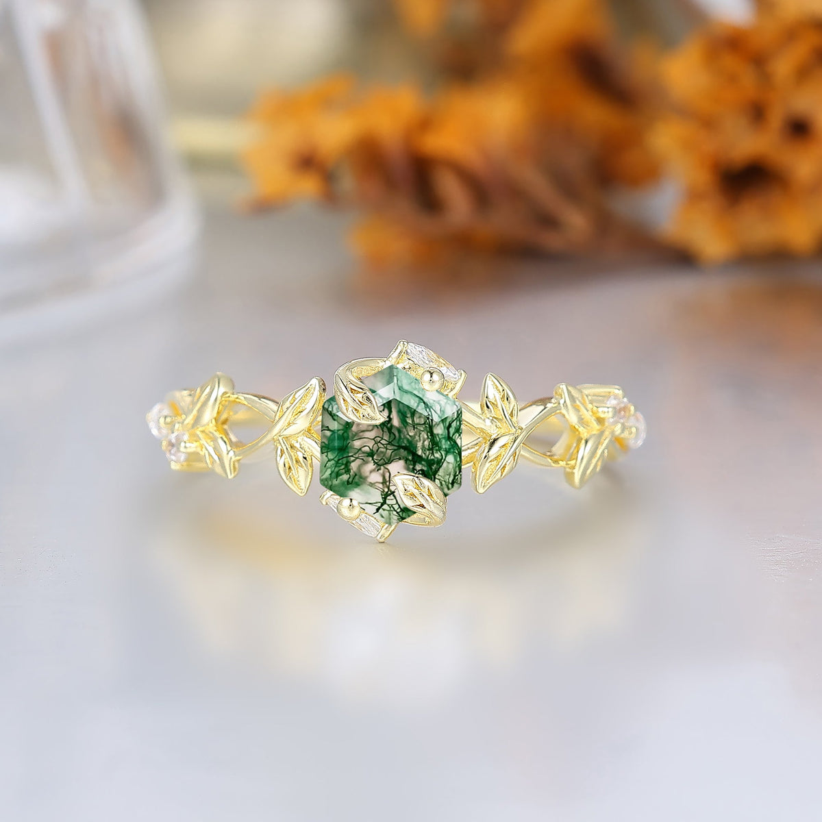 Woodland-Inspired Hexagon Moss Agate Bridal Ring For Women Natural Interwave Leaf Engagement Ring For Her
