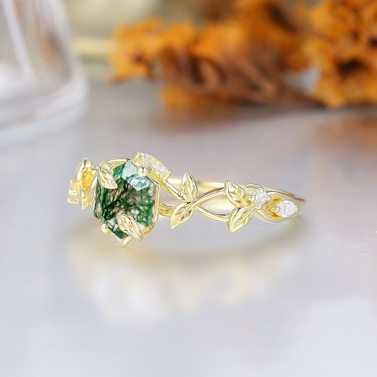 Woodland-Inspired Hexagon Moss Agate Bridal Ring For Women Natural Interwave Leaf Engagement Ring For Her