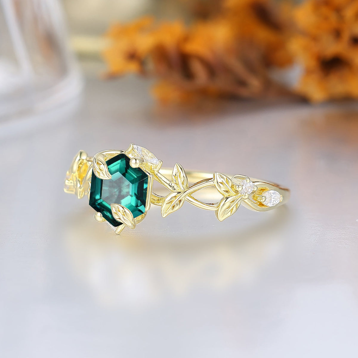 Botanical Ivy Hexagon Cut Emerald Women Engagement Ring Sculpted Leaf Emerald Wedding Ring For Her