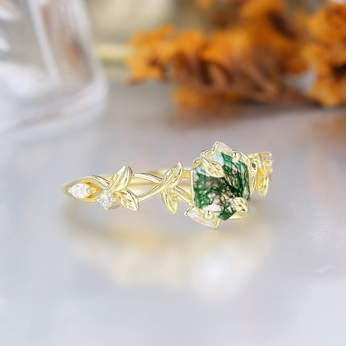 Woodland-Inspired Hexagon Moss Agate Bridal Ring For Women Natural Interwave Leaf Engagement Ring For Her