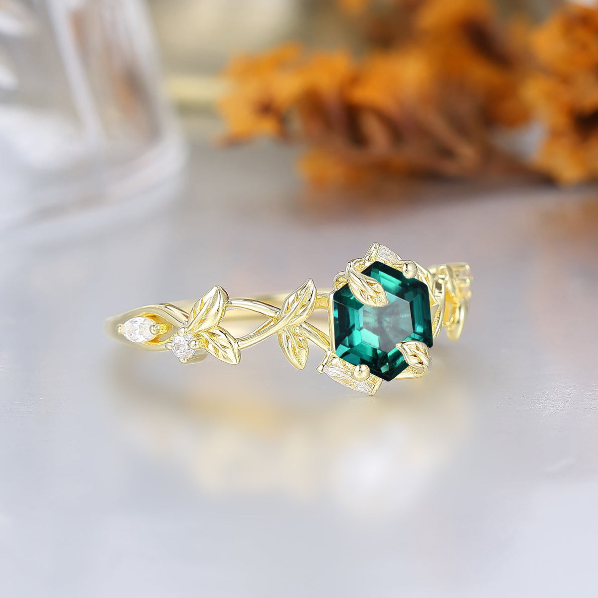 Botanical Ivy Hexagon Cut Emerald Women Engagement Ring Sculpted Leaf Emerald Wedding Ring For Her