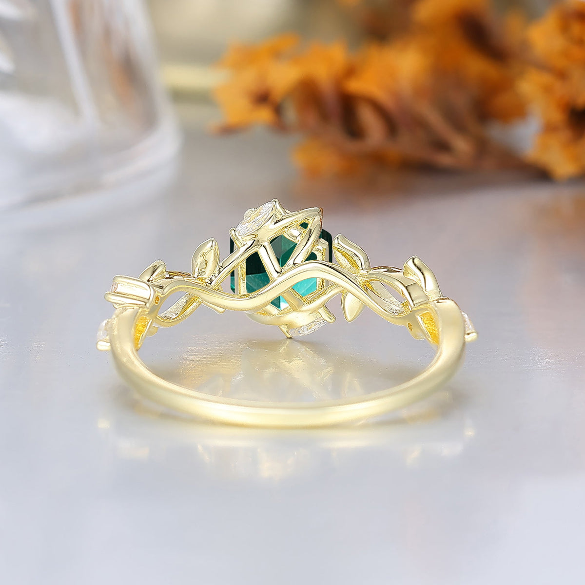 Botanical Ivy Hexagon Cut Emerald Women Engagement Ring Sculpted Leaf Emerald Wedding Ring For Her