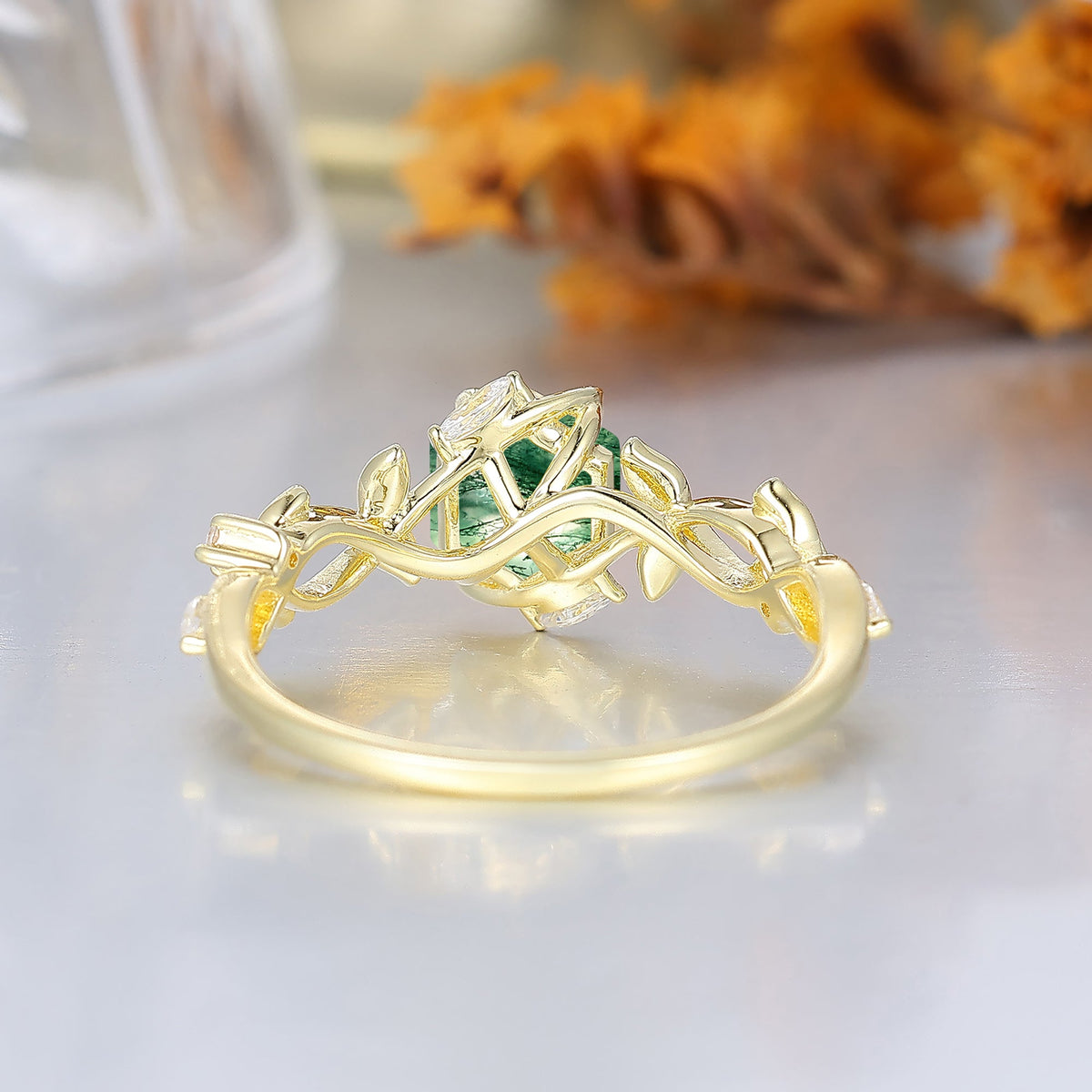 Woodland-Inspired Hexagon Moss Agate Bridal Ring For Women Natural Interwave Leaf Engagement Ring For Her