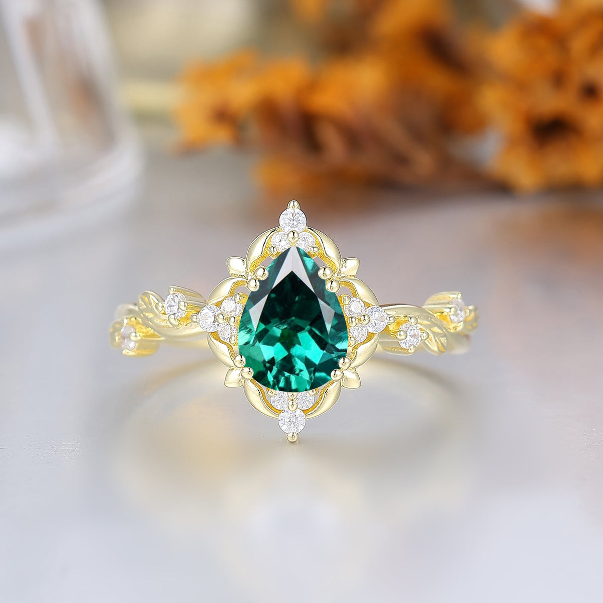 Floral Halo Pear Cut Emerald Engagement Ring For Her Fairycore Elegant Emerald Women Anniversary Ring