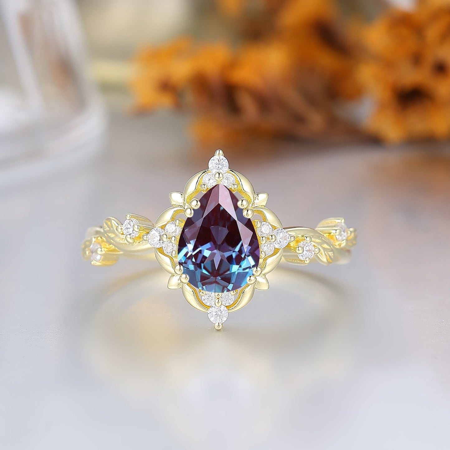 Victorian Floral Pear Cut Alexandrite Women Engagement Ring Leaf Sprig Color Change Chrysoberyl Bridal Ring