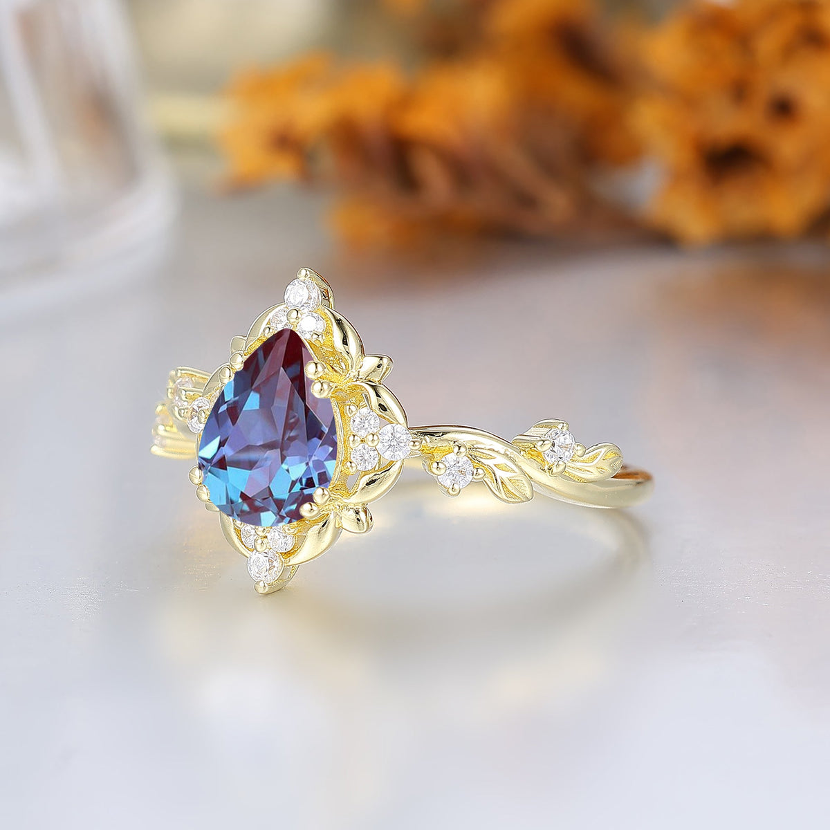 Victorian Floral Pear Cut Alexandrite Women Engagement Ring Leaf Sprig Color Change Chrysoberyl Bridal Ring
