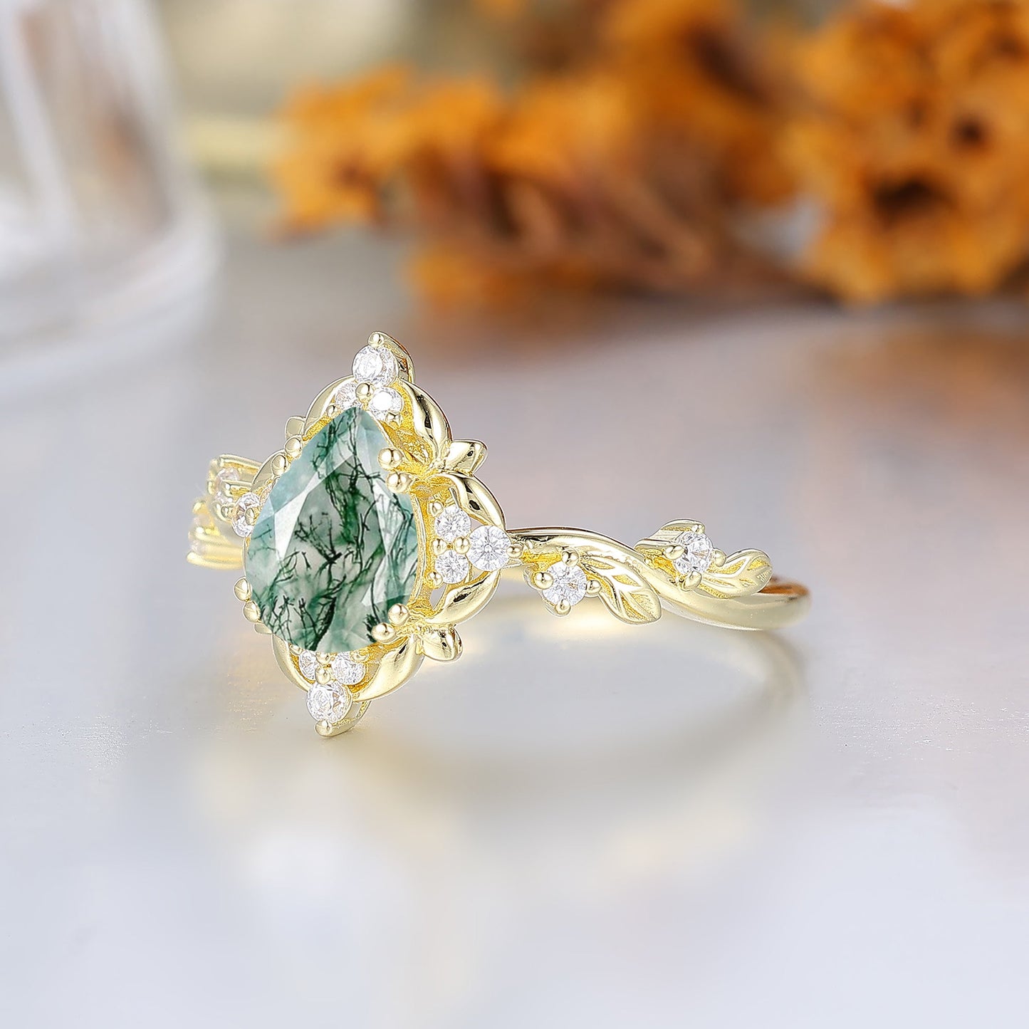Floral Openwork Pear Cut Moss Agate Wedding Ring For Her Victorian Leaf Halo Agate Women Engagement Ring