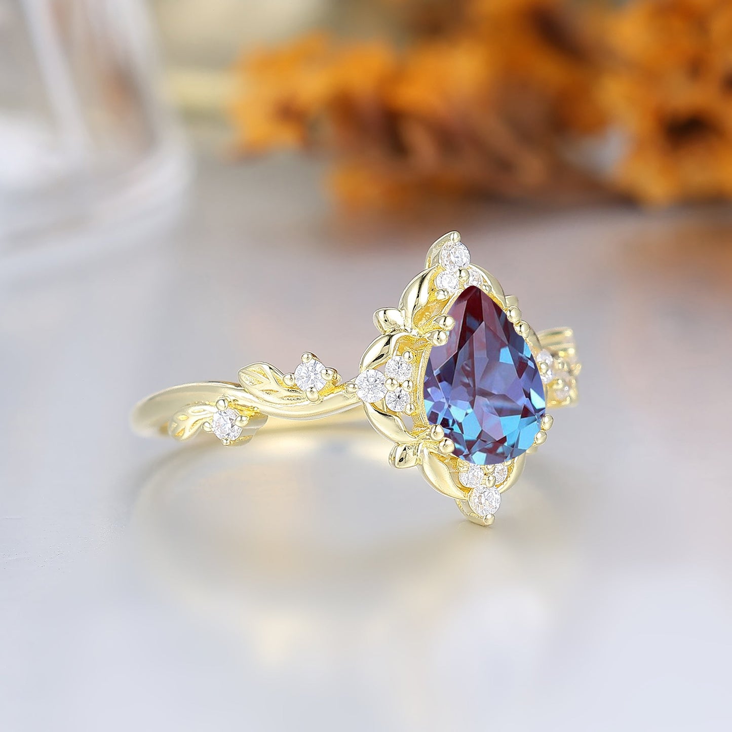 Victorian Floral Pear Cut Alexandrite Women Engagement Ring Leaf Sprig Color Change Chrysoberyl Bridal Ring