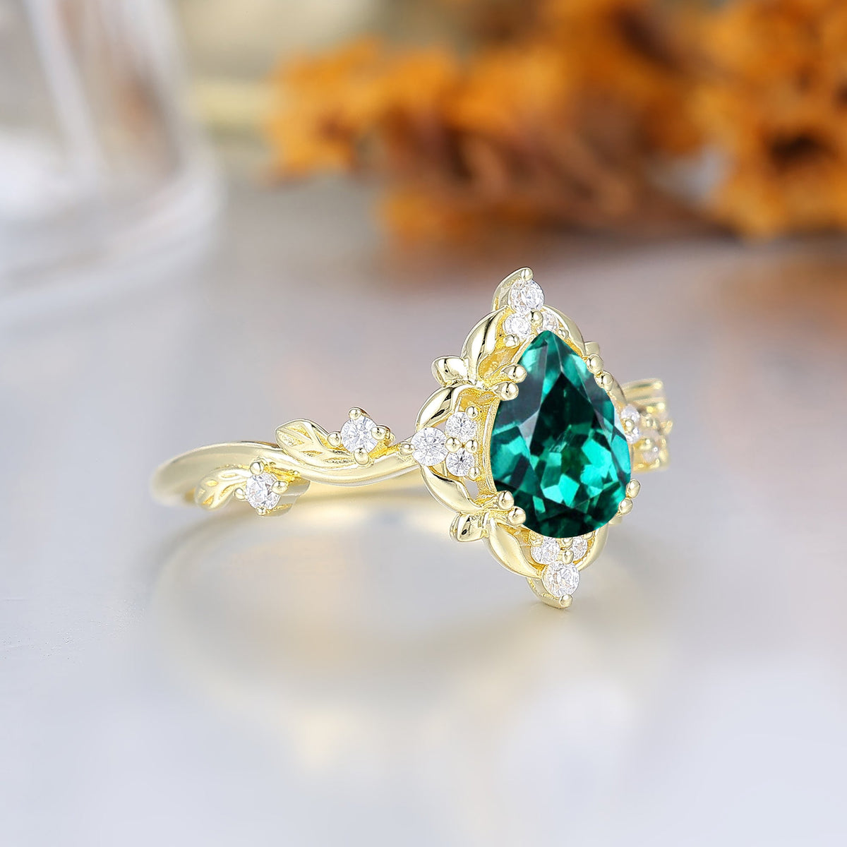 Floral Halo Pear Cut Emerald Engagement Ring For Her Fairycore Elegant Emerald Women Anniversary Ring