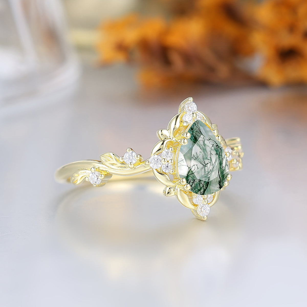 Floral Openwork Pear Cut Moss Agate Wedding Ring For Her Victorian Leaf Halo Agate Women Engagement Ring