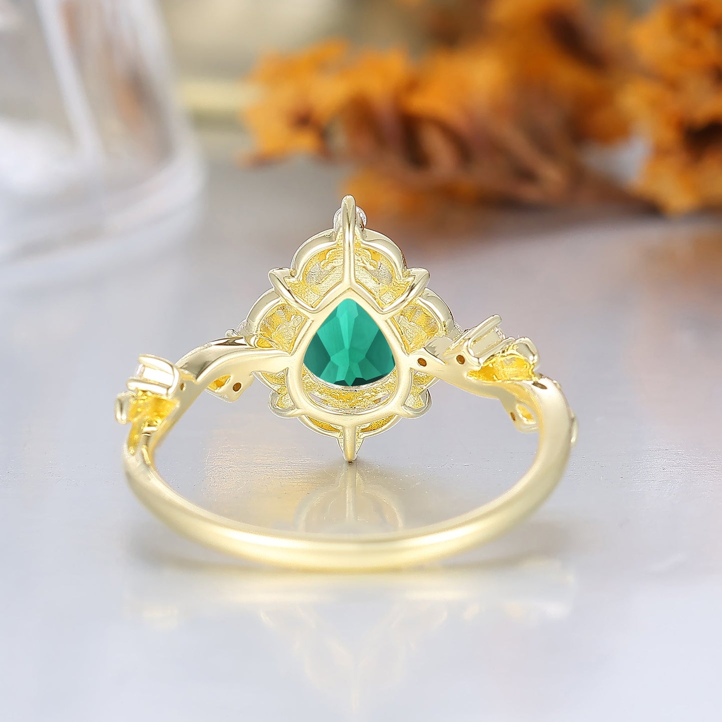 Floral Halo Pear Cut Emerald Engagement Ring For Her Fairycore Elegant Emerald Women Anniversary Ring