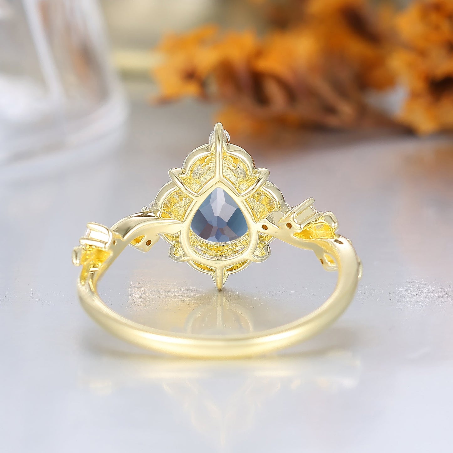 Victorian Floral Pear Cut Alexandrite Women Engagement Ring Leaf Sprig Color Change Chrysoberyl Bridal Ring