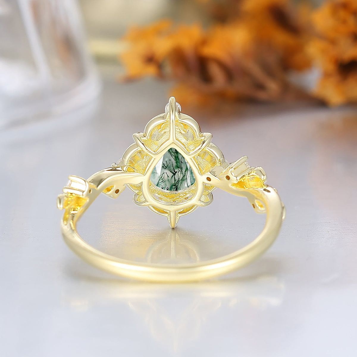 Floral Openwork Pear Cut Moss Agate Wedding Ring For Her Victorian Leaf Halo Agate Women Engagement Ring