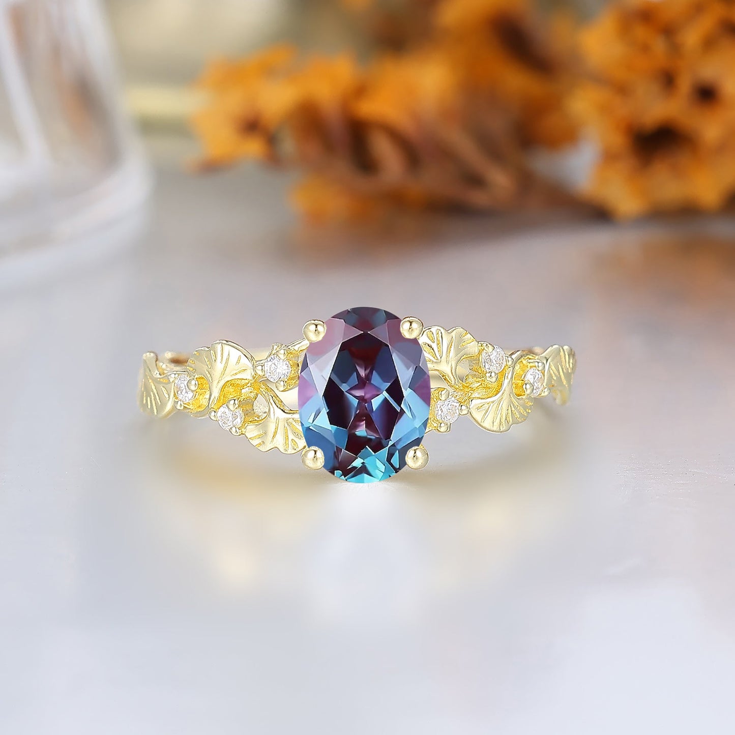 Ginkgo Leaf Inspired Oval Alexandrite Anniversary Bridal Ring Enchanted Garden Style Wedding Ring For Women