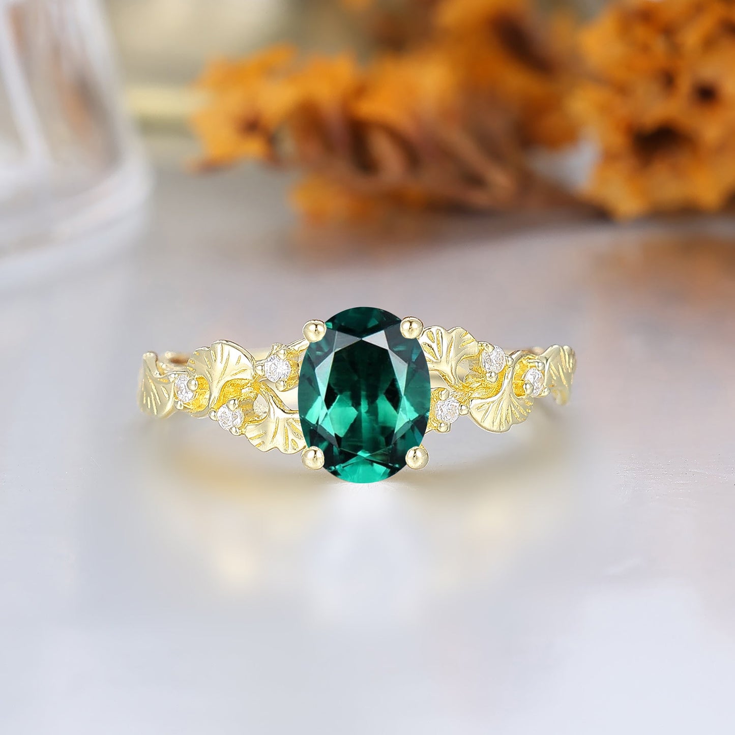 Ginkgo Leaf Vines Oval Emerald Bridal Birthstone Ring Botanical Anniversary Green Wedding Ring For Her