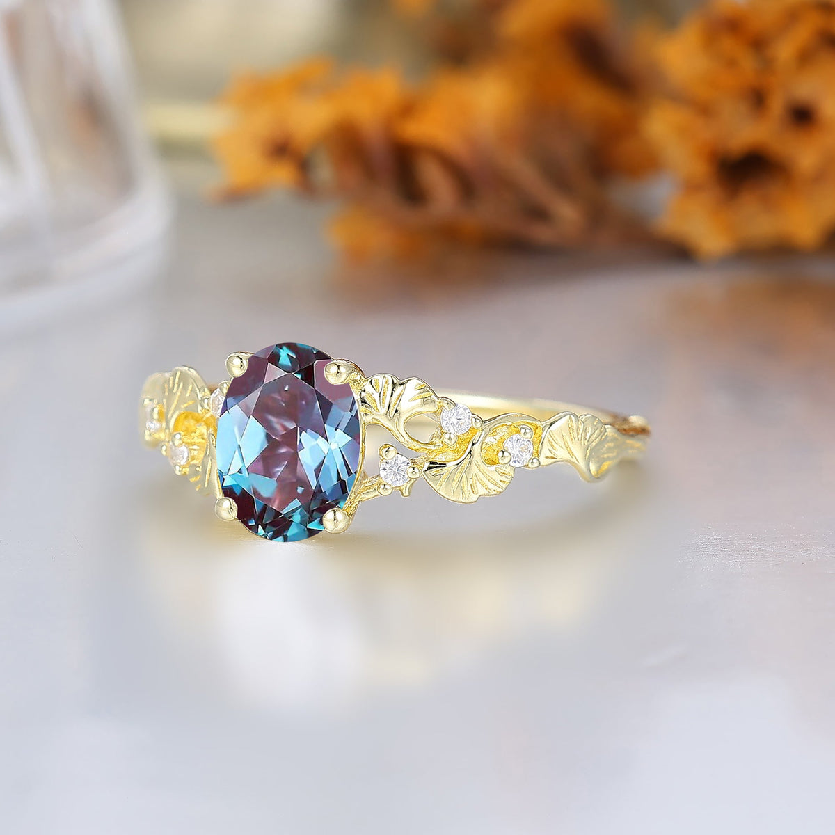 Ginkgo Leaf Inspired Oval Alexandrite Anniversary Bridal Ring Enchanted Garden Style Wedding Ring For Women