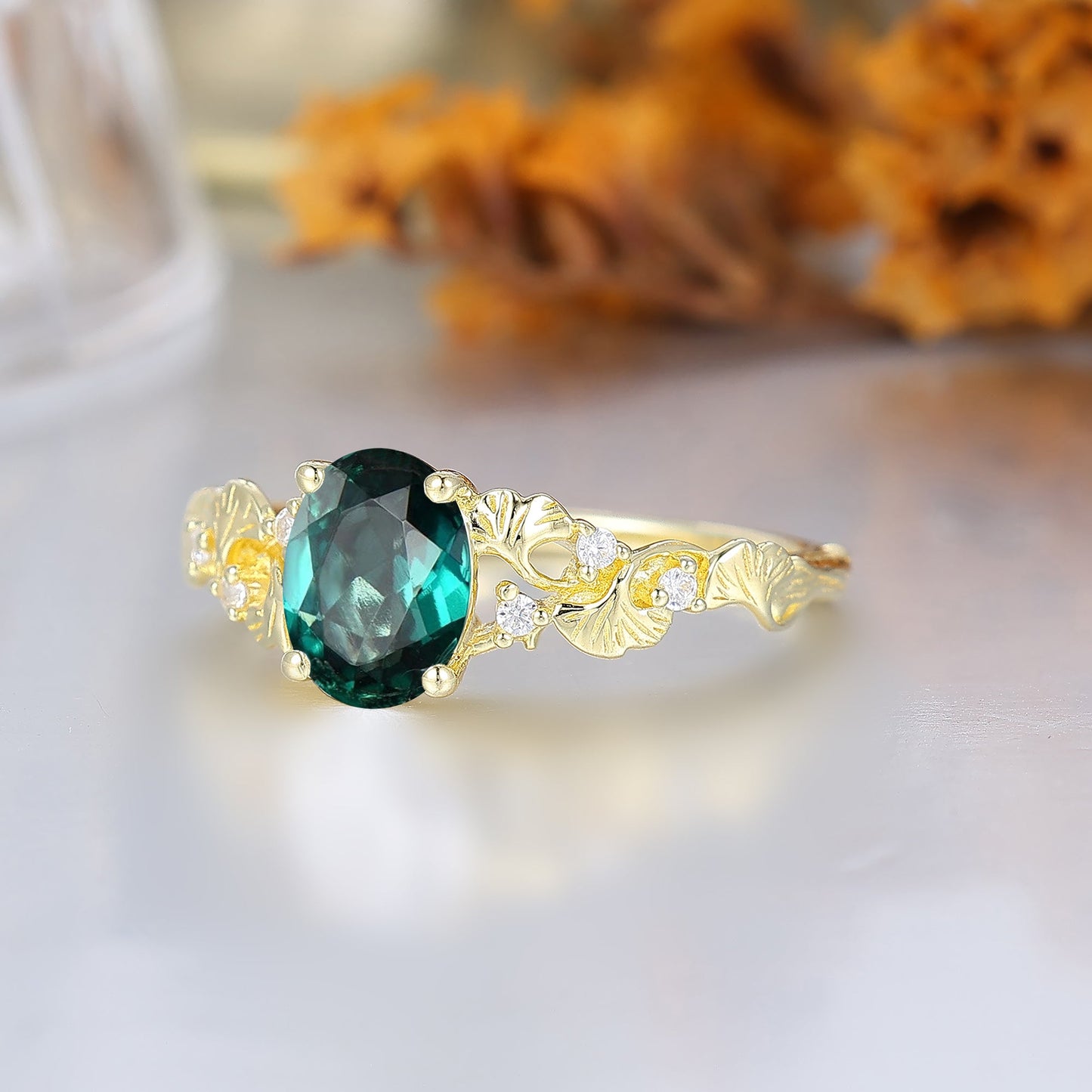 Ginkgo Leaf Vines Oval Emerald Bridal Birthstone Ring Botanical Anniversary Green Wedding Ring For Her