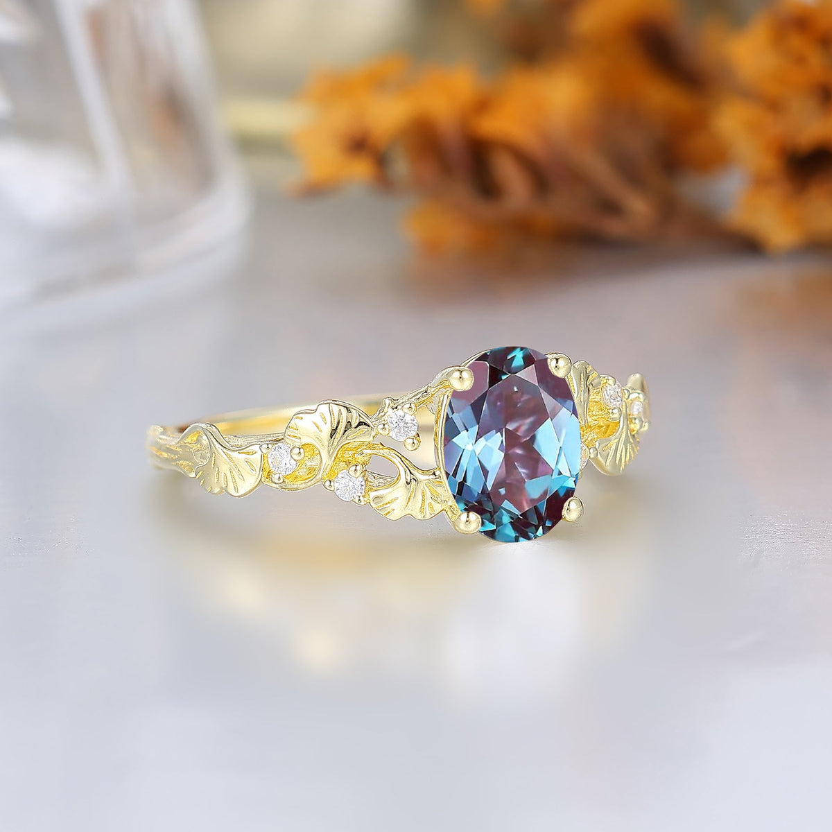 Ginkgo Leaf Inspired Oval Alexandrite Anniversary Bridal Ring Enchanted Garden Style Wedding Ring For Women