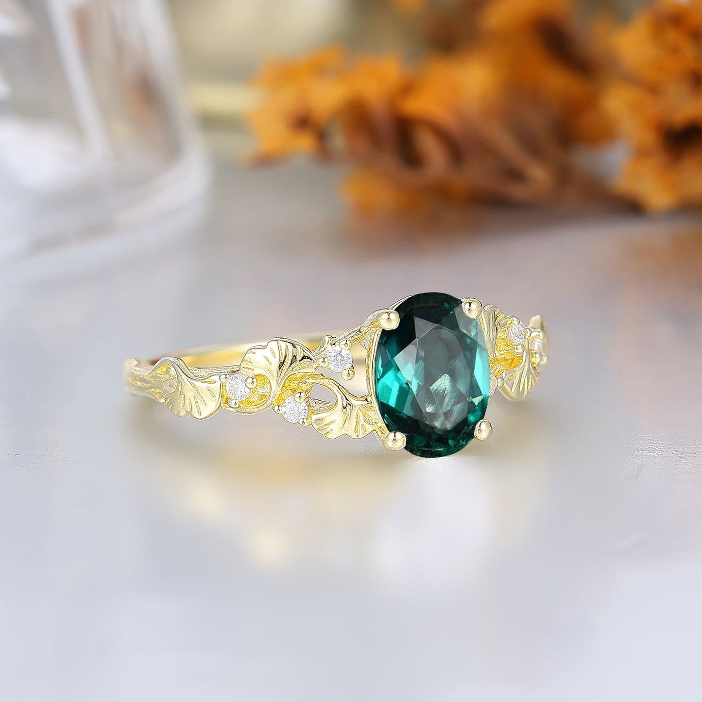 Ginkgo Leaf Vines Oval Emerald Bridal Birthstone Ring Botanical Anniversary Green Wedding Ring For Her