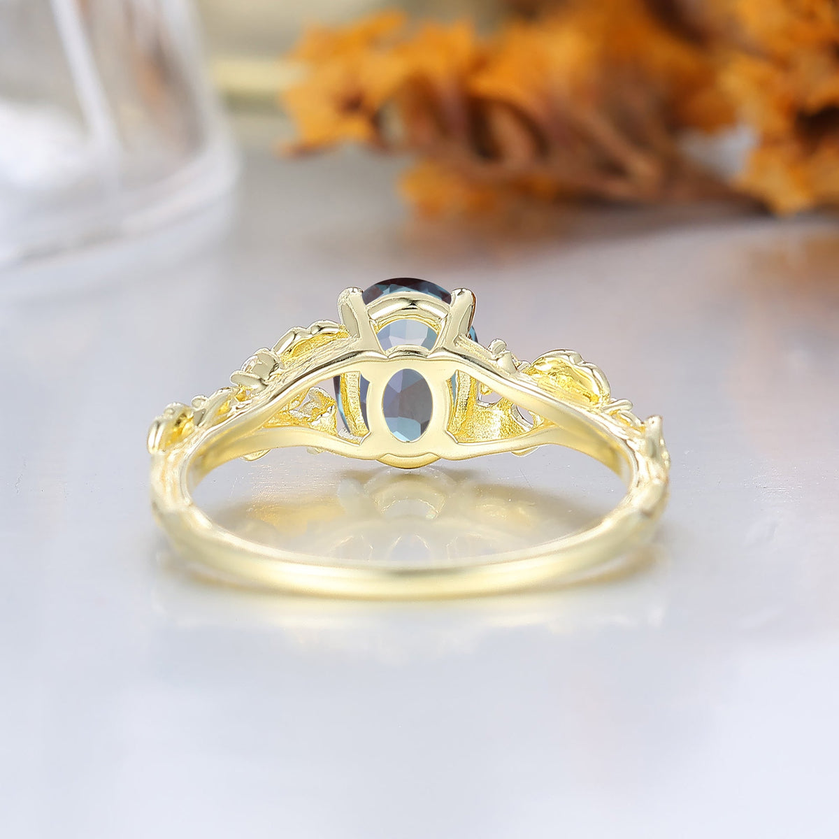 Ginkgo Leaf Inspired Oval Alexandrite Anniversary Bridal Ring Enchanted Garden Style Wedding Ring For Women