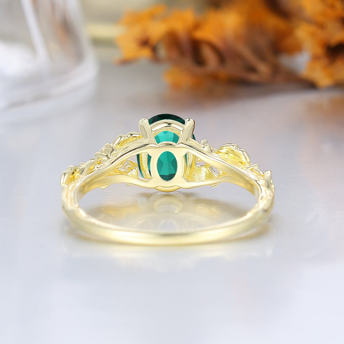 Ginkgo Leaf Vines Oval Emerald Bridal Birthstone Ring Botanical Anniversary Green Wedding Ring For Her